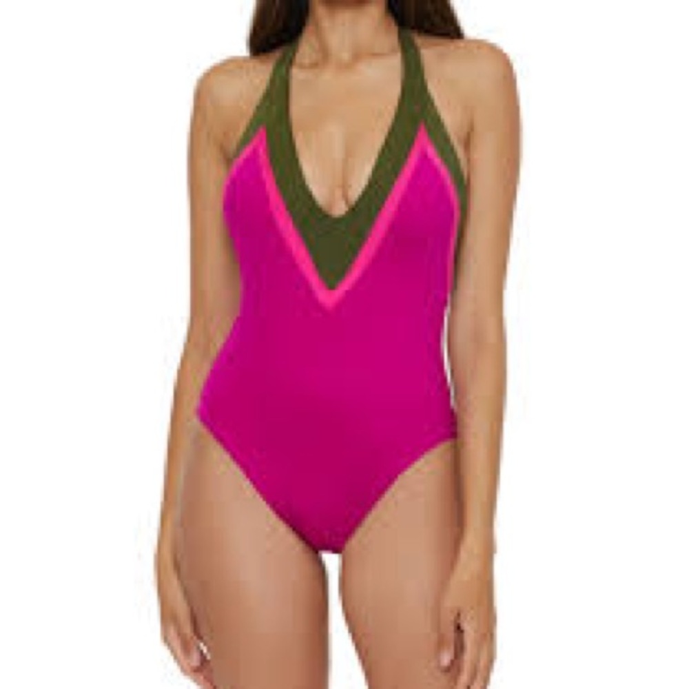 Trina Turk NWOT Monaco Pink Colorblock Plunge Neck Open Back Halter One Piece